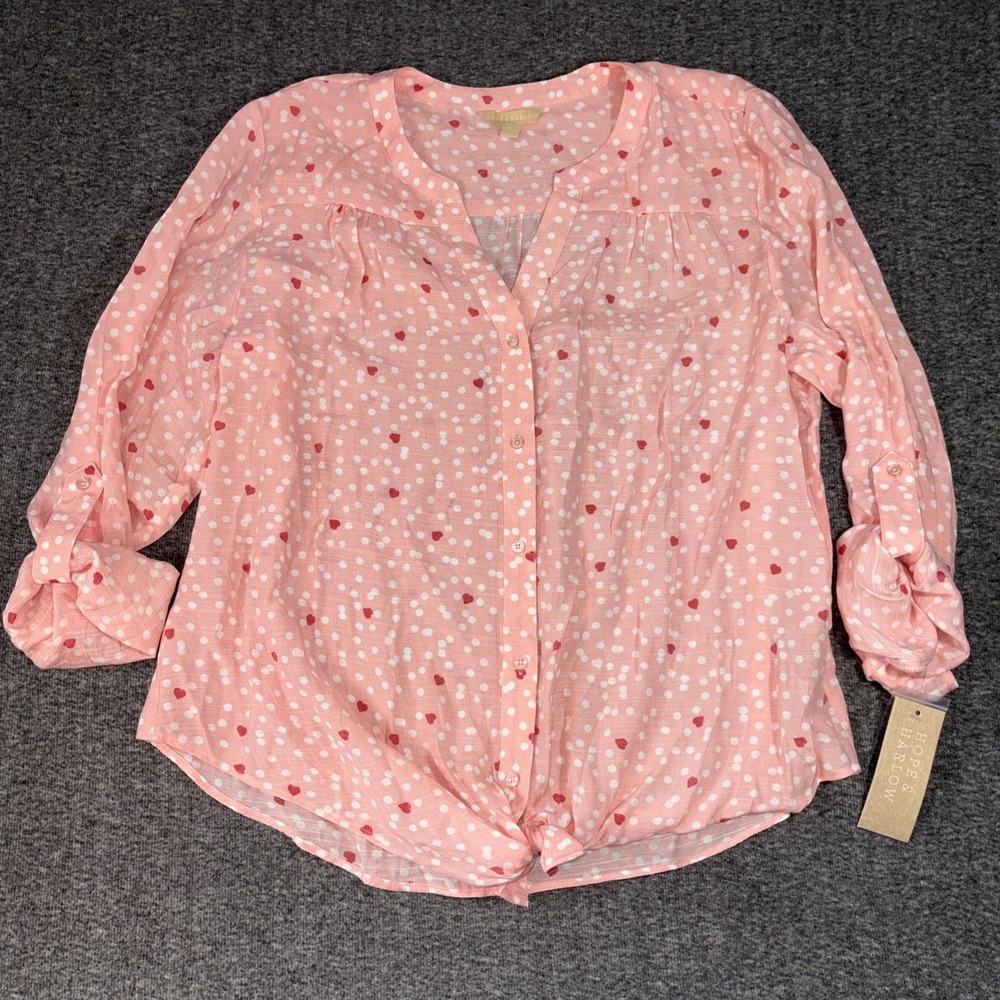 NWT Hope & Harlow Button Up Long Sleeve Top Pink Polkadot Heart Print Women's XL